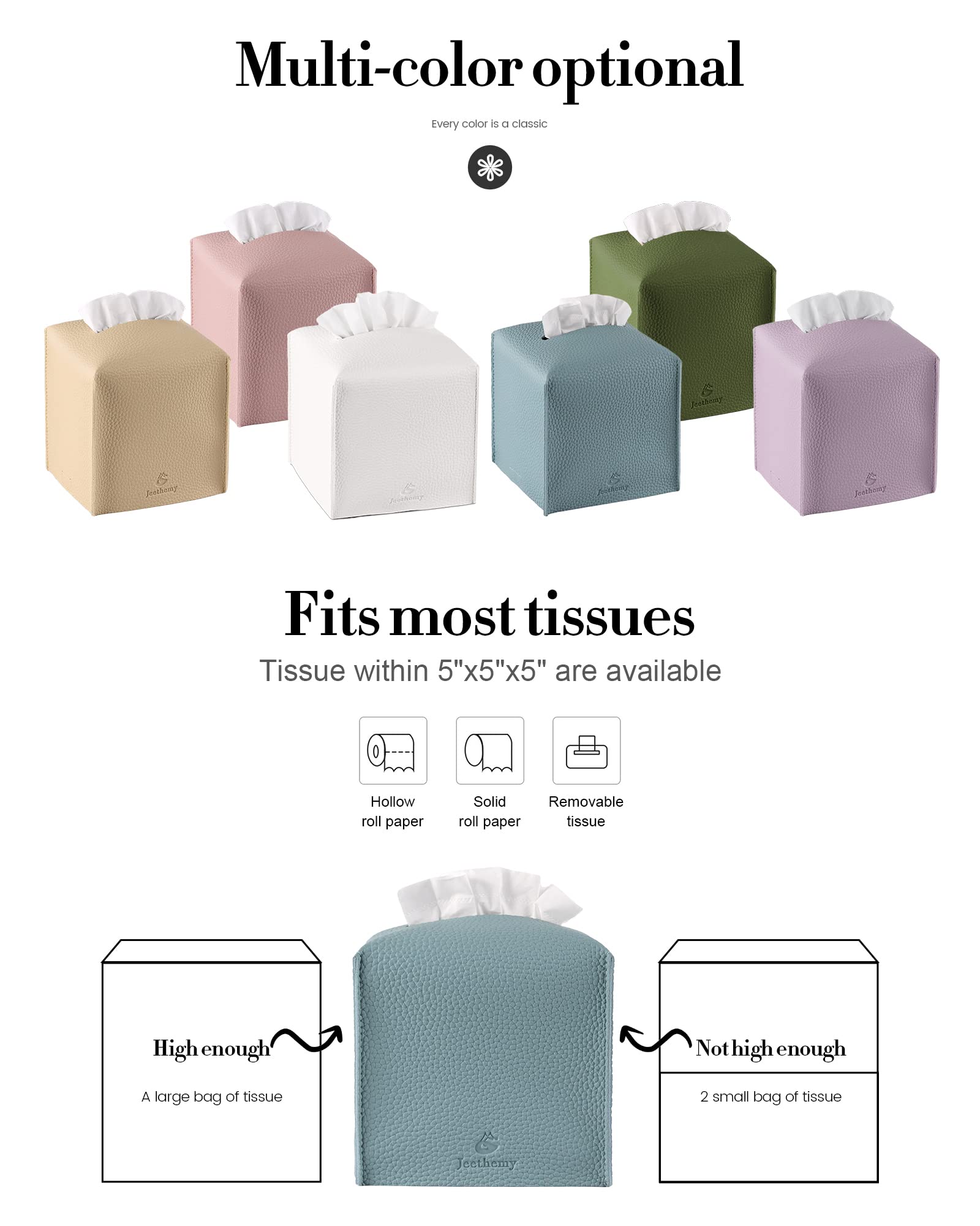 Tissue Box Cover, Jeethemy Square Pu Leather Tissue Box Holder, Modern Tissue Case Facial Paper Organizer Dispenser,5X5X5'', Thr
