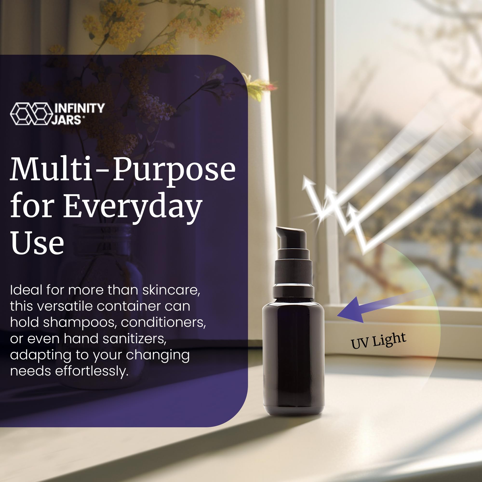 Infinity Jars 30 Ml (1 Fl Oz) Refillable Ultraviolet Black Glass Pump Bottles Leak-Proof Travel Containers For Toner, Sanitizer,