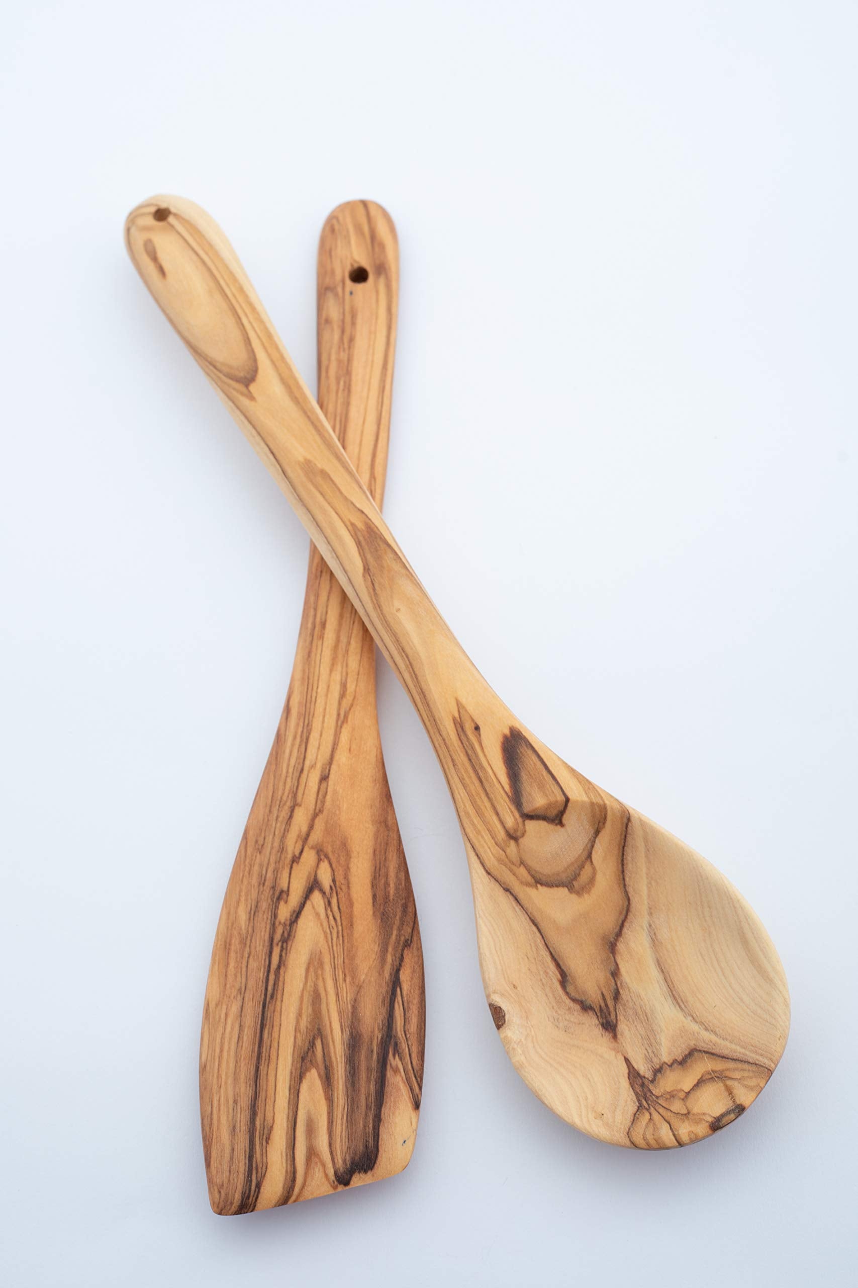 Handcrafted Olive Wood Cooking Spoon & Spatula (10 Inch Set Of 2 Pieces) Carved By Talented Artists In Bethlehem, Practical Wood