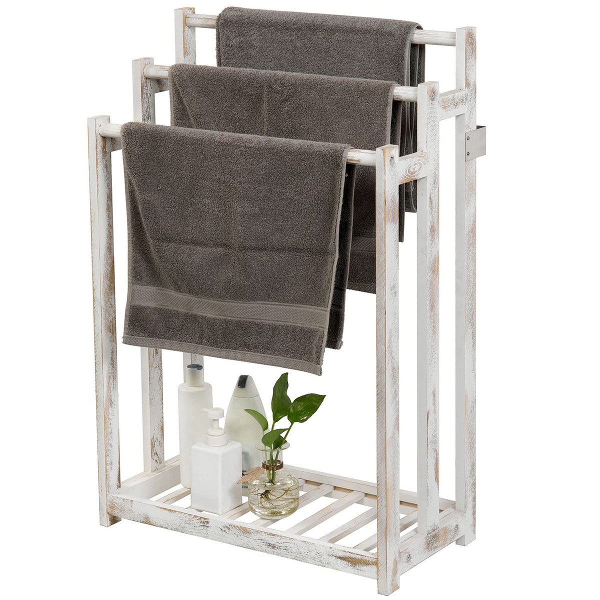 Mygift Shabby Whitewashed Wood Freestanding 3 Bar Towel Rack Holder With Bottom Storage Shelf, Laundry And Bathroom Towel Drying