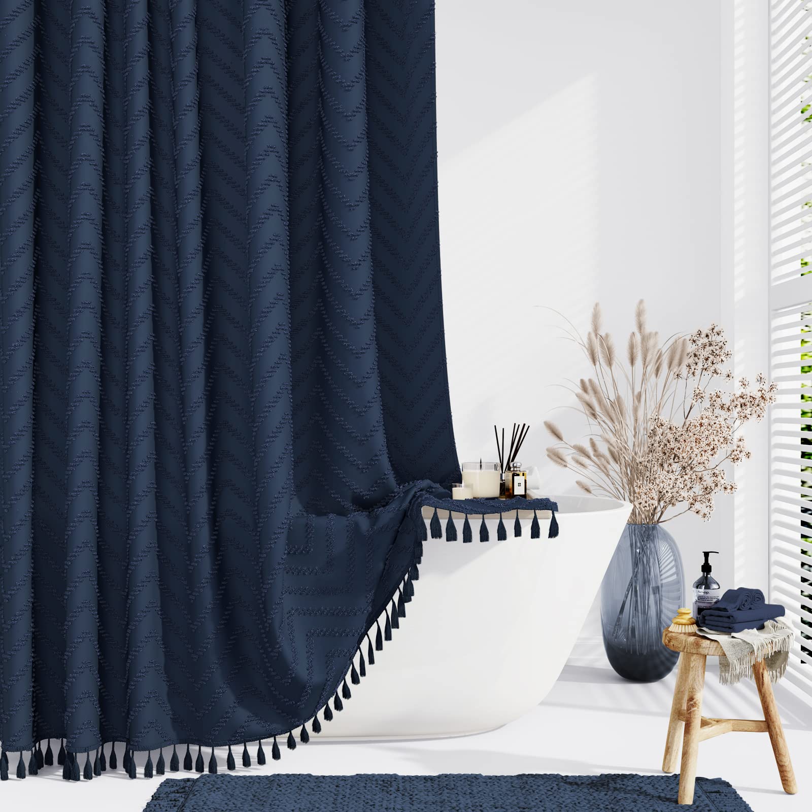 Dynamene Boho Farmhouse Shower Curtain, Navy Blue Fabric Tufted Chevron Striped Textured Tassel Shower Curtains For Bathroom, Wa