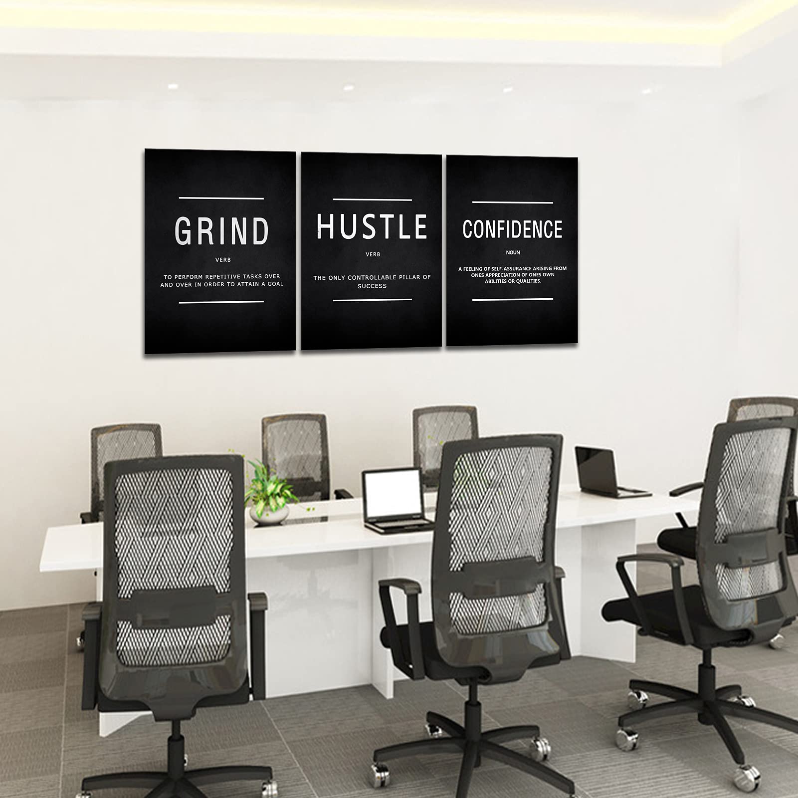 KAWAHONE Motivational Success Canvas Wall Art  Grind Hustle Confidence Wall Decor Framed Inspirational Entrepreneurs Painting Prints Quotes Poster for Office Workplace Easy to Hang- 20'' Wx28 Hx3Piece