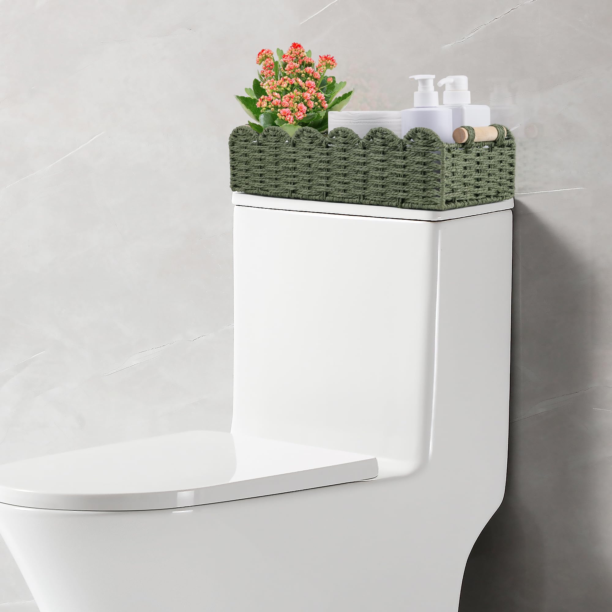 Scalloped Basket Toilet Organizer:Compact Moisture-resistant Storage for Tank & Nursery - Elegant Boho Handwoven Decor (Paper Ro