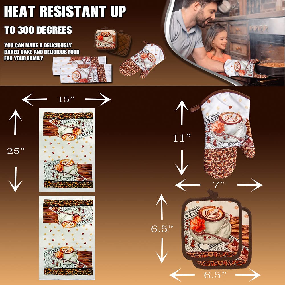 Lobyn Value Packs: 5-Piece Cafa Latte Kitchen Towel Set - Quilted Oven Mitt & 2 Potholders, Perfect For Coffee Lovers