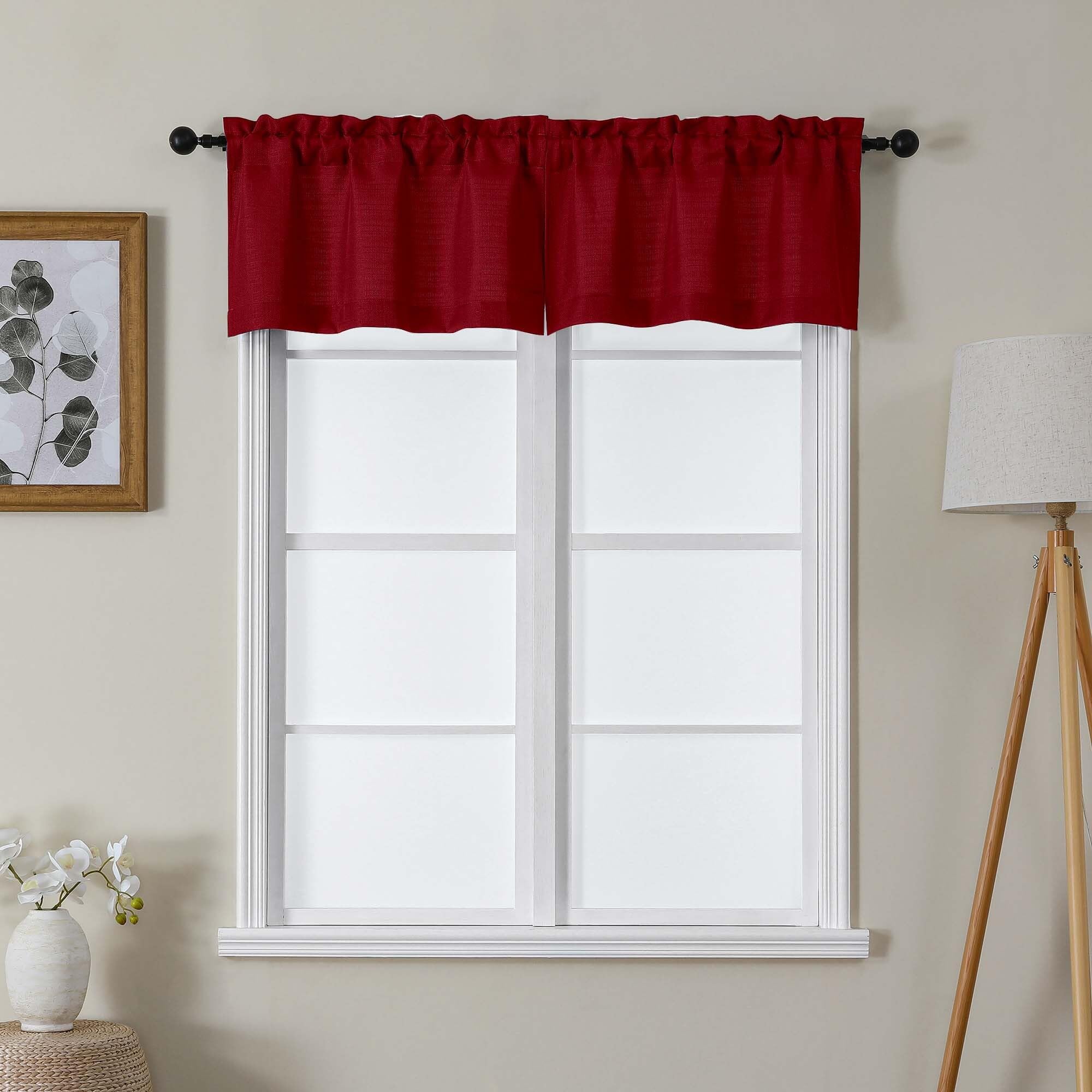 Lecloud Bessie Christmas Red Valances 14 Inch Length 2 Pcs, Festive Light Filtering Faux Linen Curtains, Retro Dual Rod Pocket A