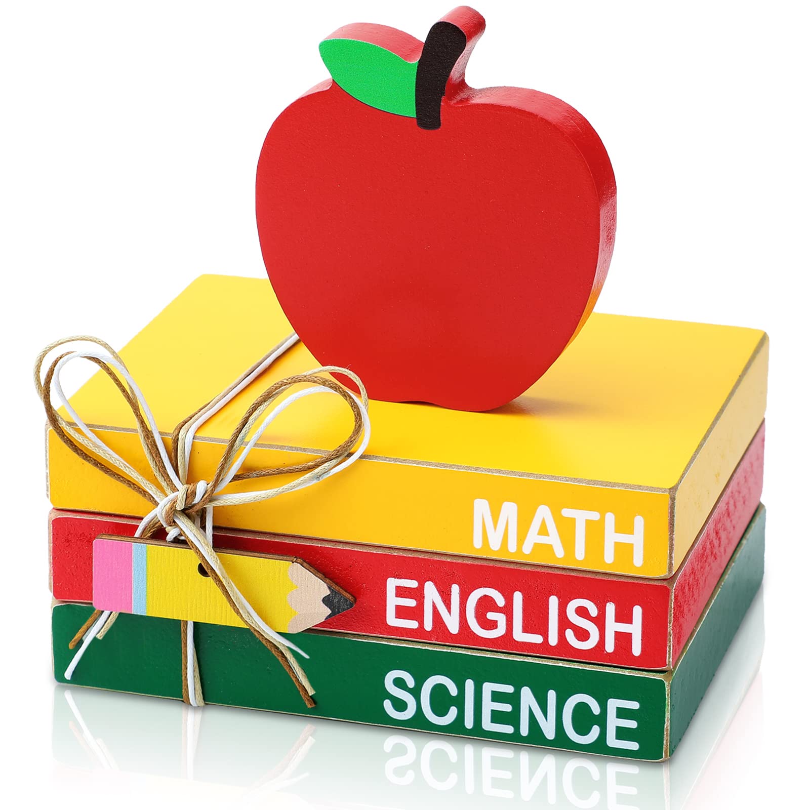 Pinkunn 4 Pcs Back to School Table Decorations, Wooden Apple Tiered Tray Stacks Books Block Sign First Day of School Tabletop Ce