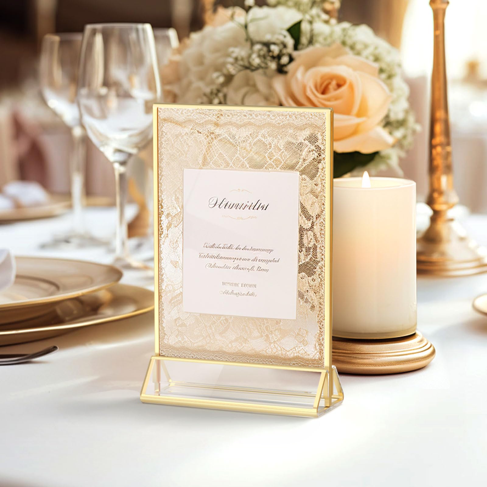 Hiimiei Acrylic Gold Frames Sign Holders 4X6, Double Sided Table Menu Display Stand, Wedding Table Numbers Holder(6 Pack)