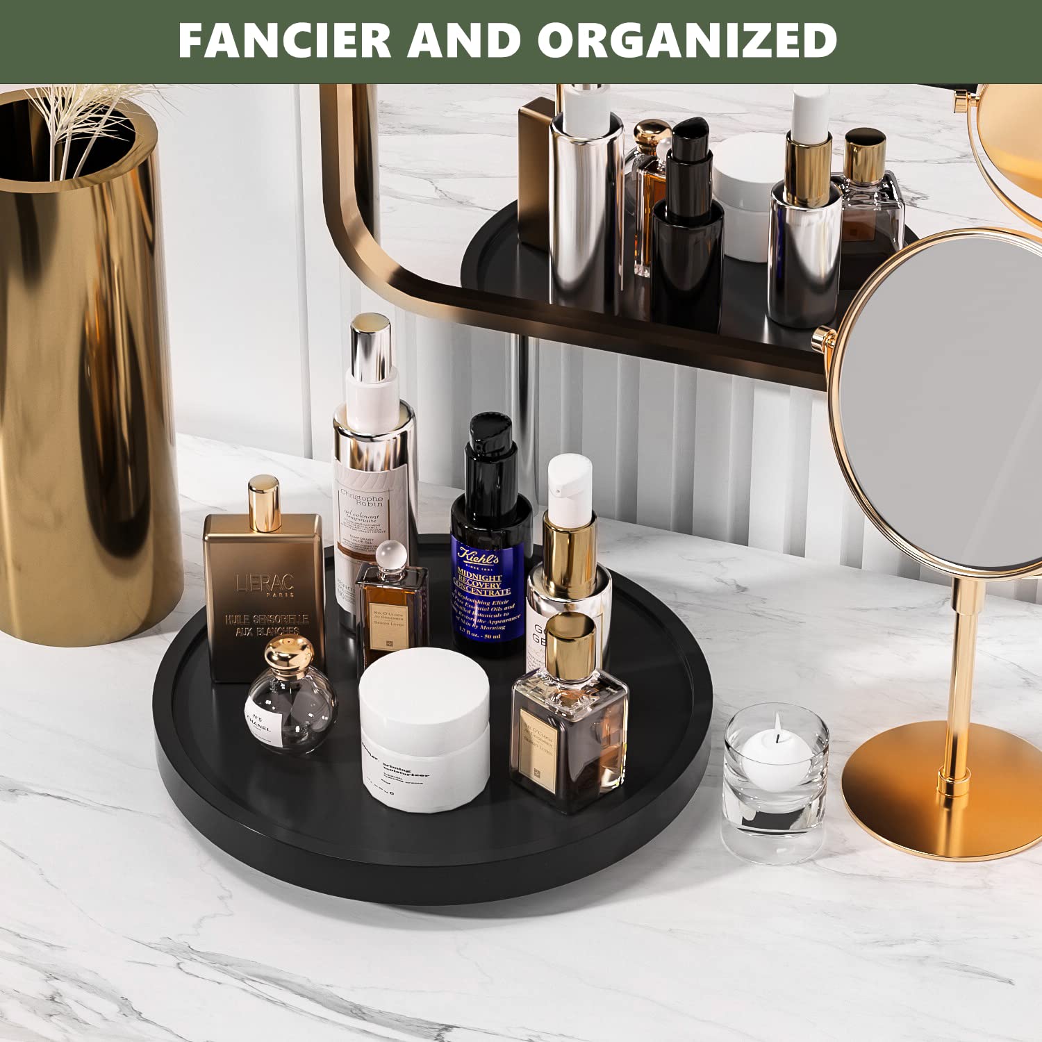 Veyfey Turntable Vanity Tray 10 Inch For Perfume Candle, Bamboo Kitchen Sink Countertop Organizer Keep Glass, Sponge And Soap Ba