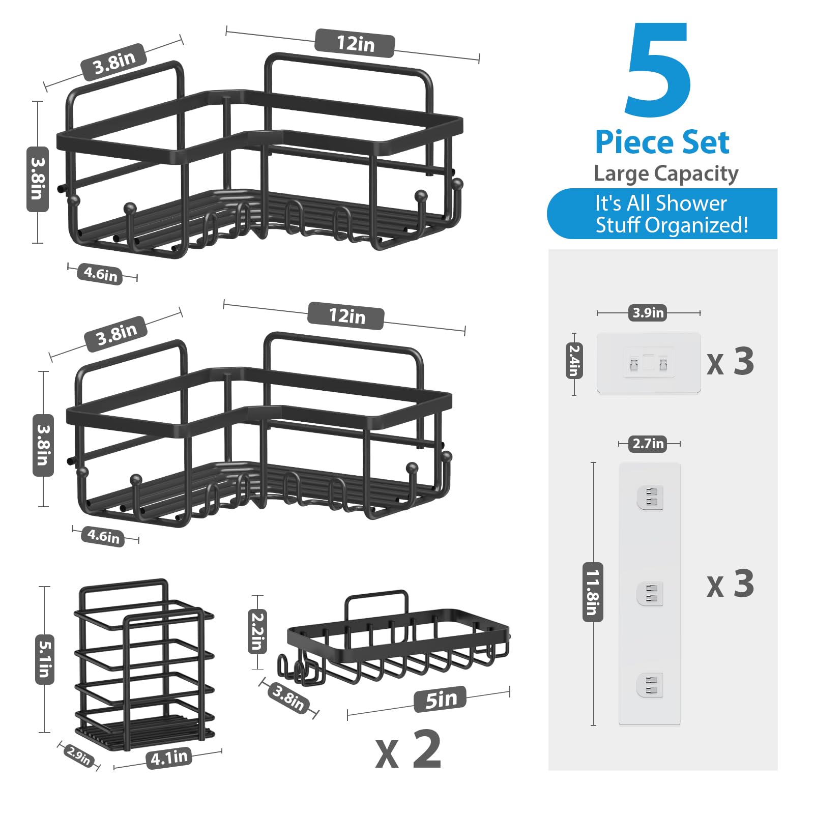 Plooht Corner Shower Caddy 5 Pack, Large Capacity Shower Organizer, Upgraded Stronger Adhesive Shower Shelf For Inside Shower, R