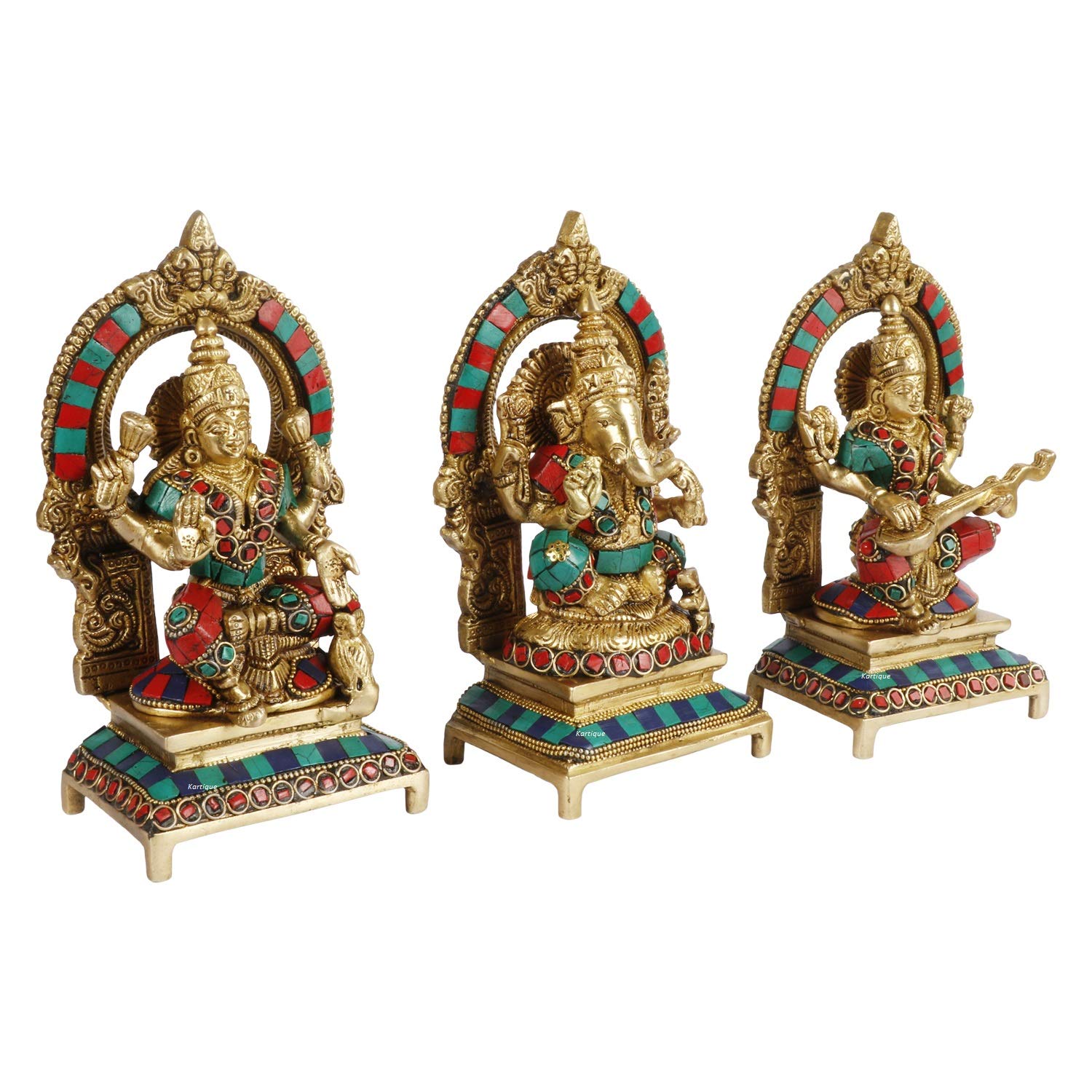 Kartique Brass Laxmi Ganesh Saraswati Bhagwan Idol Ganpati Murti Metal Statue With Frame For Home Office Success Entrance Decor