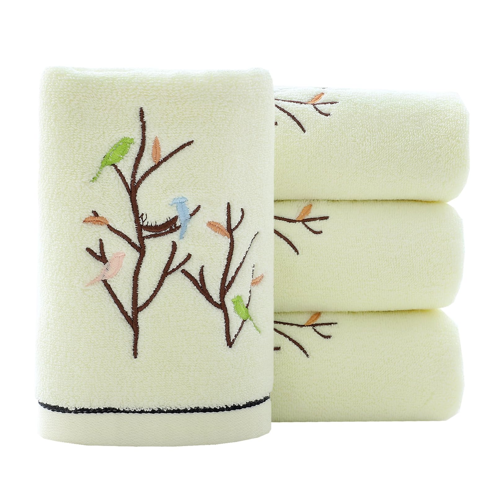 Pidada Hand Towels Set of 4 Embroidered Bird Tree Pattern 100% Cotton Absorbent Soft Decorative Towel for Bathroom (Light Yellow