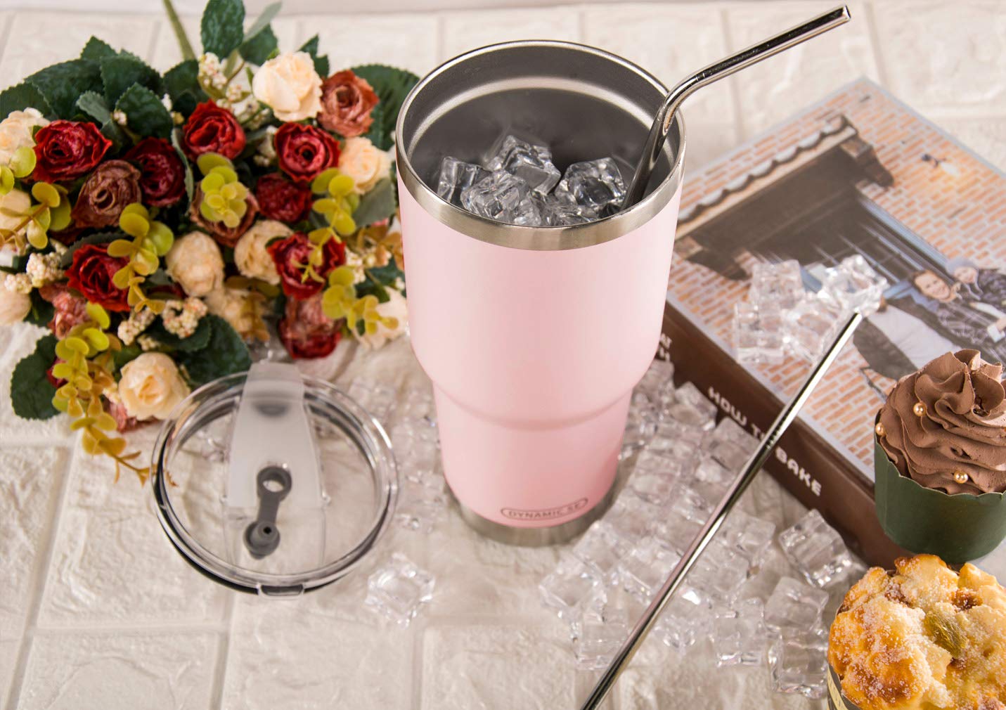 DS 30oz Sakura Pink Tumbler Stainless Steel Double Wall Vacuum Insulated Mug with Straw and Lid, Cleaning Brush for Cold and Hot