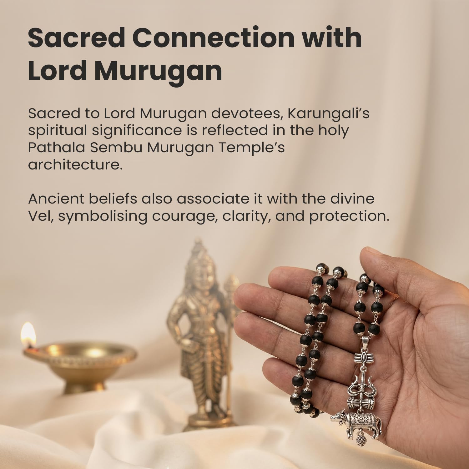 7Mm Silver Capped Karungali Mala With Shiv Third Eye Trishul Damru With Nandi Brass Pendant