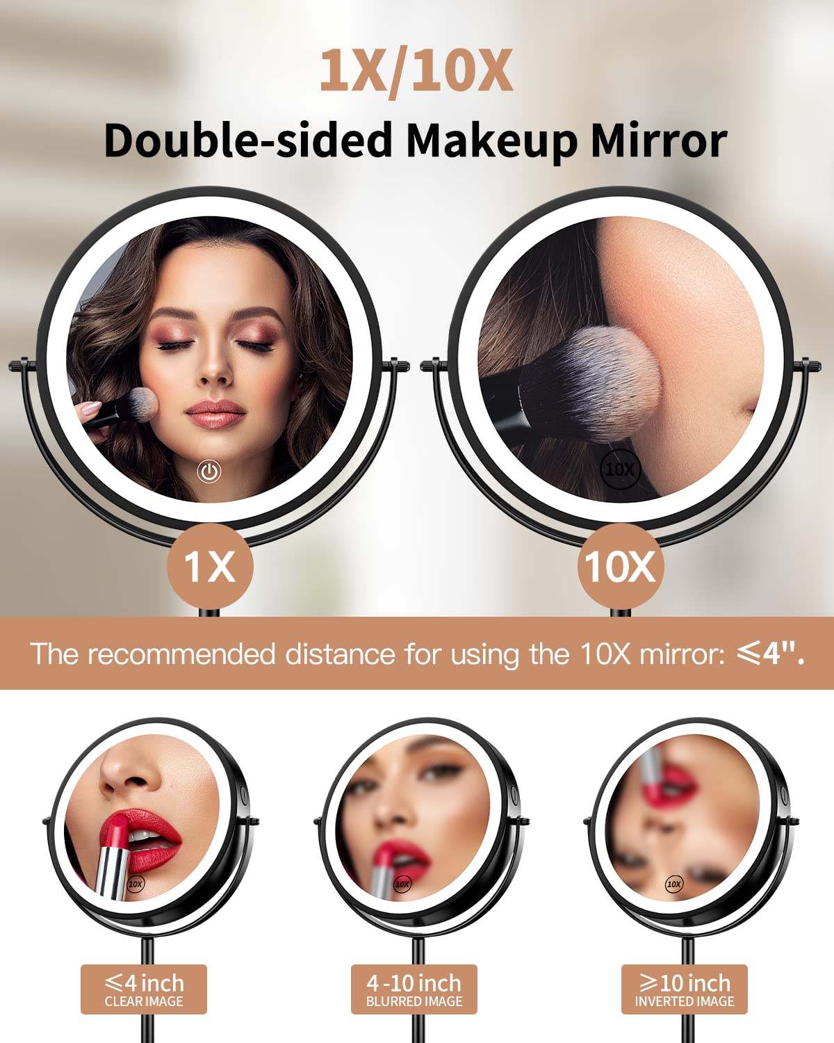 Gospire 8 Inch Lighted Makeup Mirror, 3 Color Lights & Stepless Dimming Led Vanity Mirror, 1X/10X Double Sided Magnifying Rechar