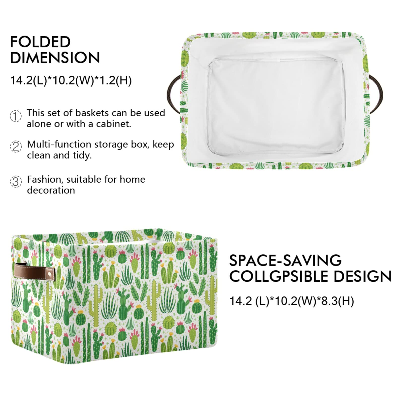 Large Storage Basket Green Cacti Cactus Foldable Storage Box Organizer Bins With Handles For Bedroom Home Office