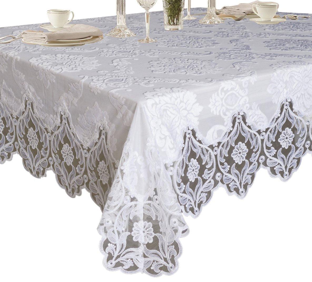 Elegant Velvet Lace Sheer Floral Deluxe Design Tablecloths - White, 70'' X 160''