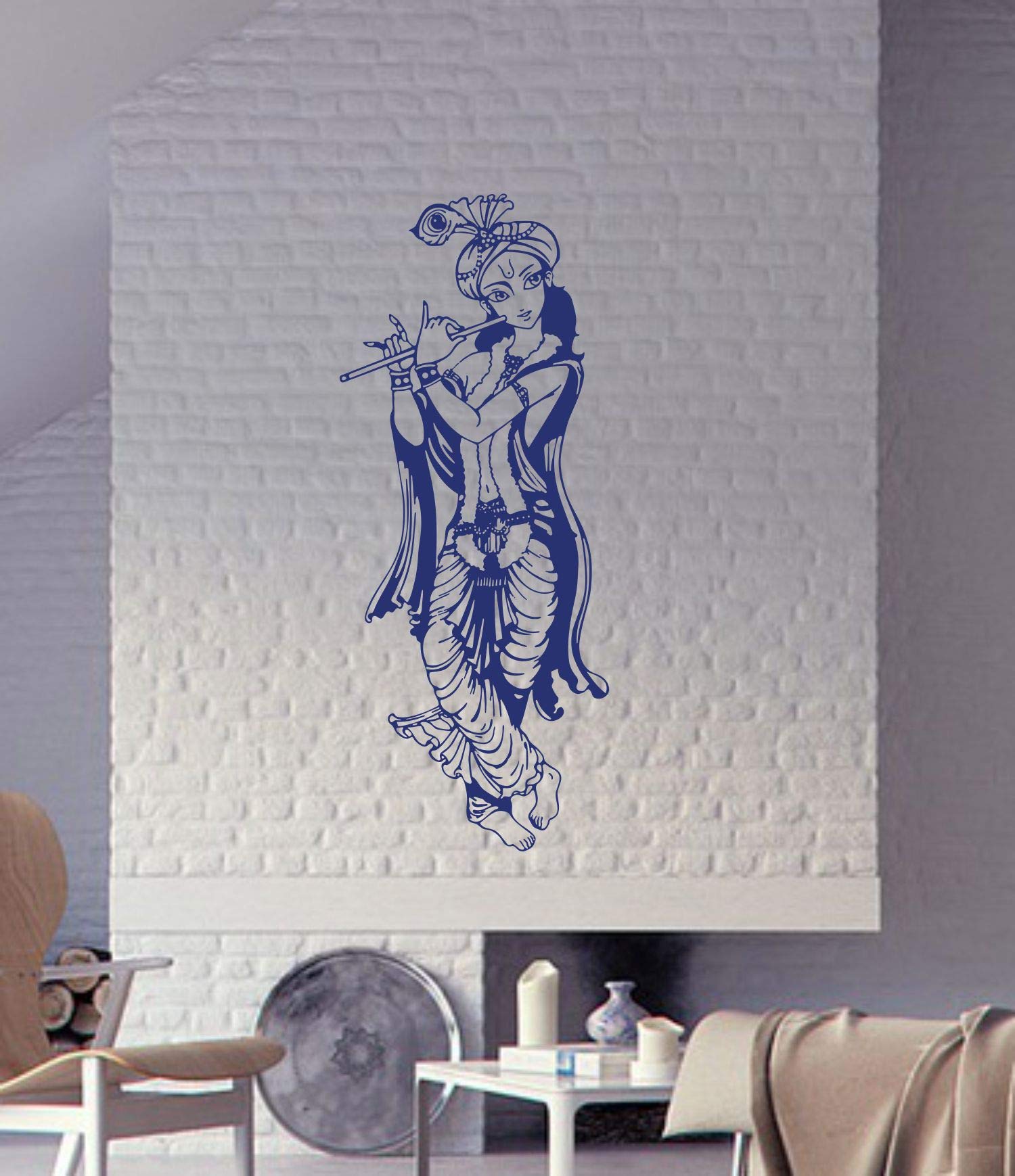 Decor Villa PVC Vinyl Lord Krishna with Flute 3D Decor Digital Wall Sticker Decal for Living Room Hall, Size : 30cm x 73cm, Blue