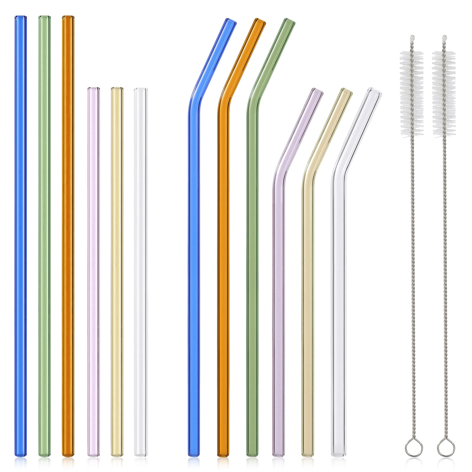 [12 Pcs] Reusable Colorful Long Glass Straws - 11'' X 8Mm And 9'' X 8Mm Shatter Resistant Each Including 3 Straight And 3 Bent W