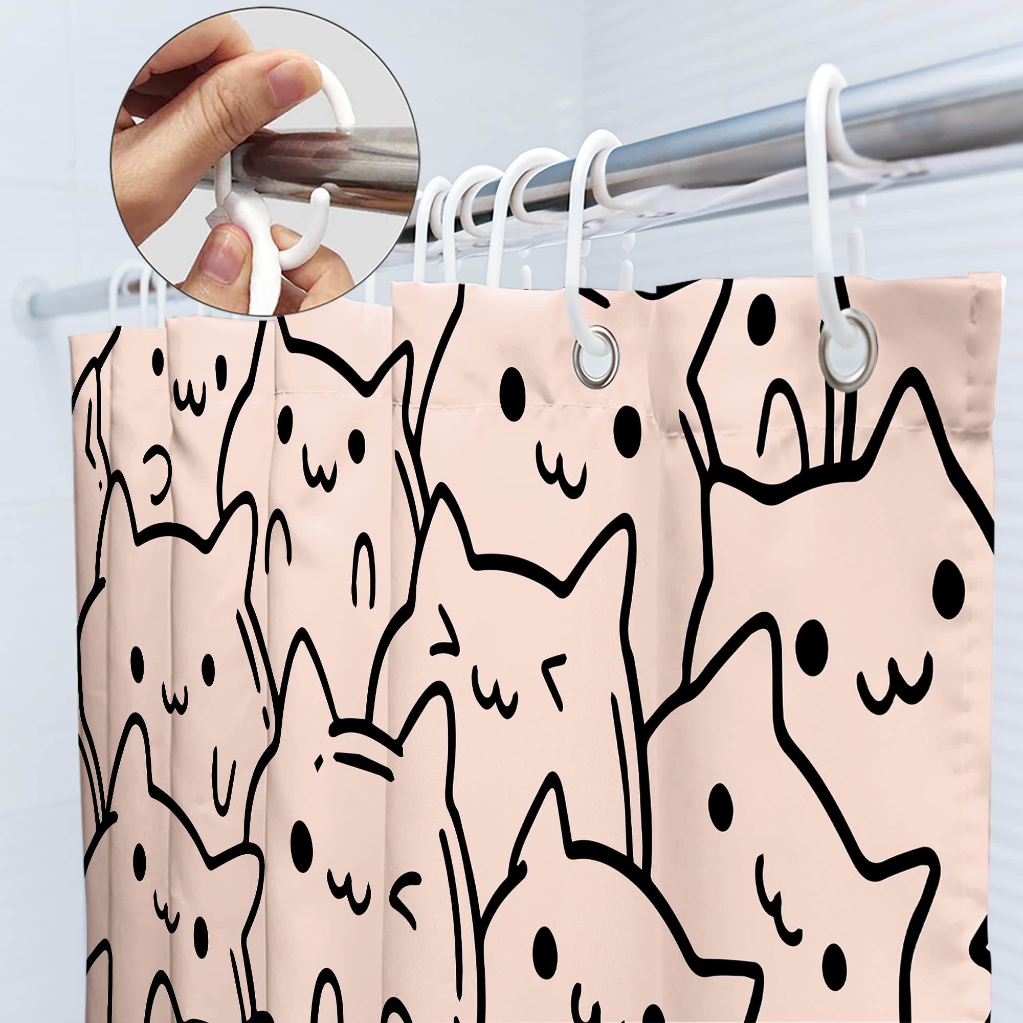 SVBright Funny Cats Shower Curtain 60Wx72L Inch Cute Pink Cartoon Kitty Kitten Animal Simple Line Humor for Kids Girls Lovely 12 Pack Hooks Polyester Waterproof Fabric Bathroom Bathtub Panels