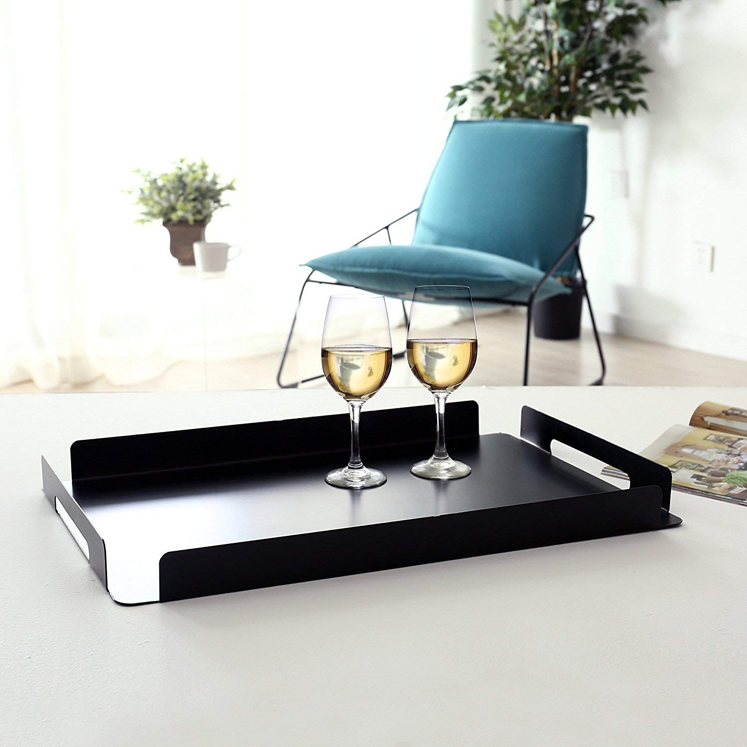 Indian Decor All New 22Inch Rectangular Low Profile Black Metal Breakfast Serving Tray With Cutout Handles/Kitchen Tray/Tablewa