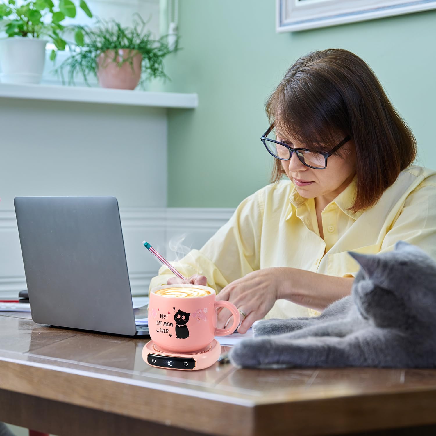 Bsigo Coffee Mug Warmer & Best Cat Mom Ever Mug Set, Electric Candle Mug Warmer 8H Auto Shut Off, Home & Office Beverage Cup Cof