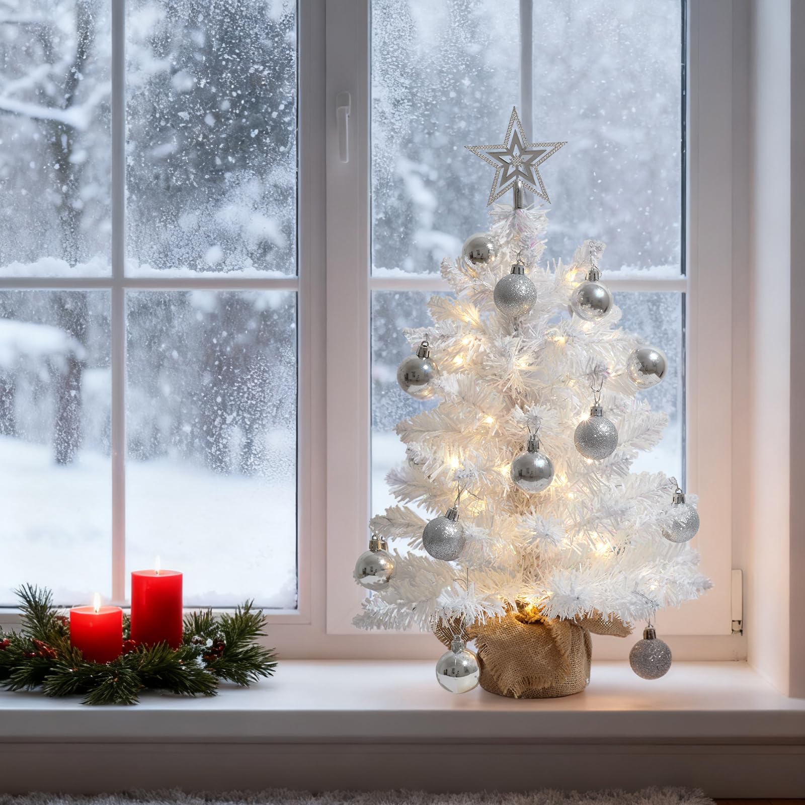 Tyynsst 20in Prelit Christmas Tree w/Warm White Lights, Small Flocked Artificial Christmas Tree, 50 Branch Tips, Ball & Star Orn