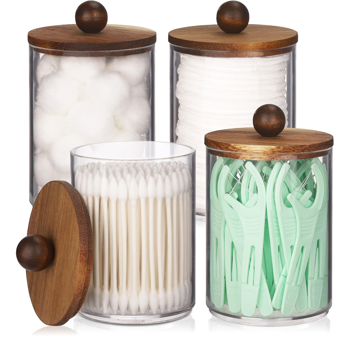 Tbestmax Qtip Holder With Wood Lids, 10Oz Plastic Apothecary Jars For Cotton Ball, Cotton Swab, Floss, Clear Bathroom Containers