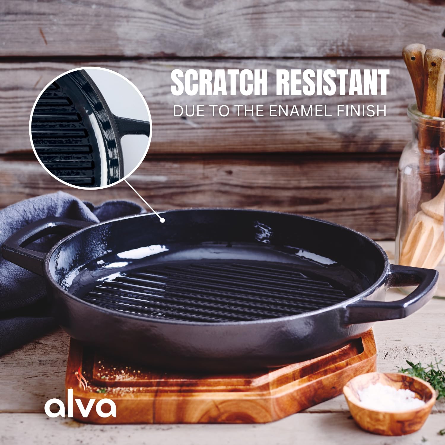 Alva Nori 11" Ceramic Coated Cast Iron Grill Pan - Non-Toxic, PFAS-Free, Induction Safe, Black Griddle for Indoor Cooking