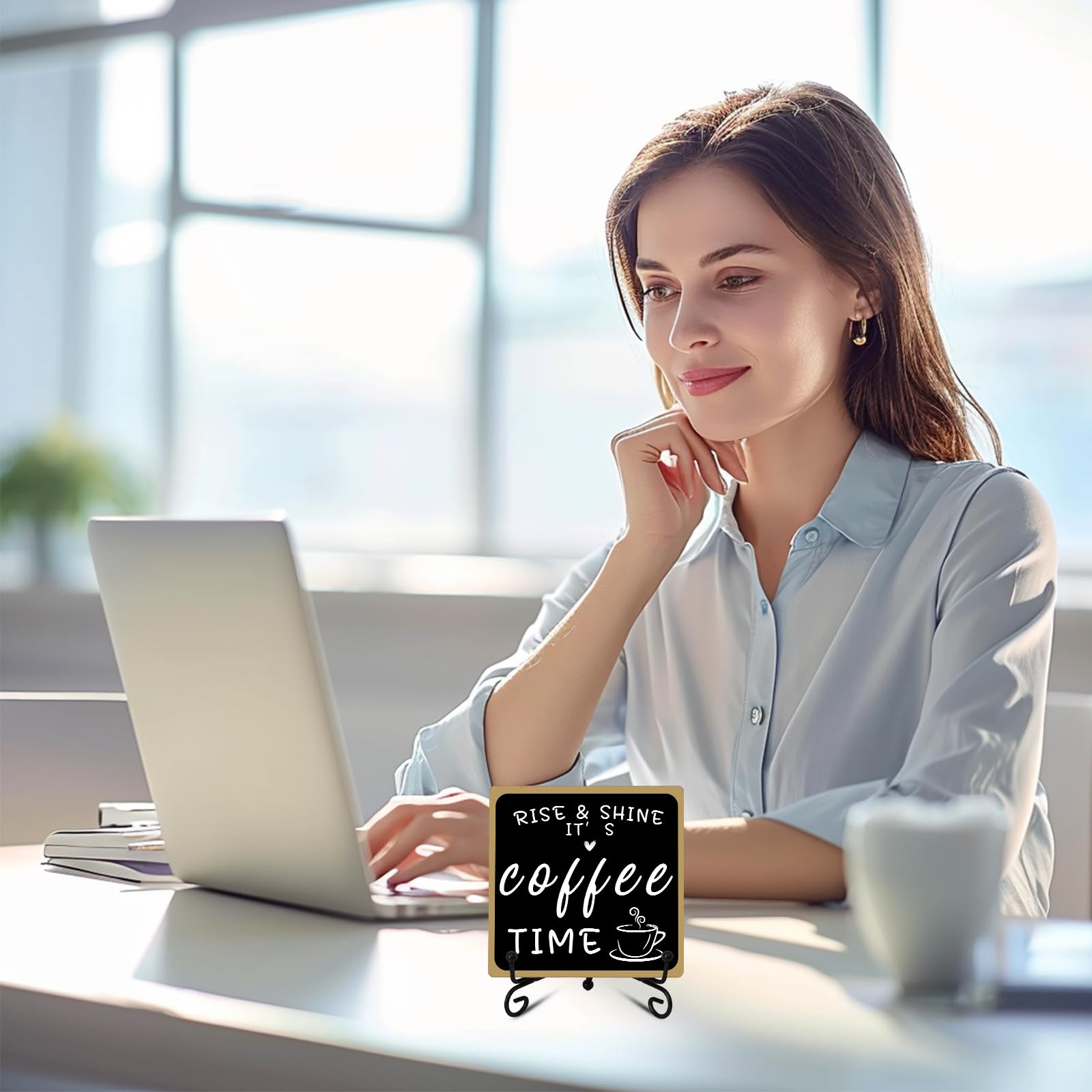 Wooden Coffee Bar Sign Coffee Bar Decor, Coffee Bar Decorations Black and White with Iron Stand Bar Tabletop Shelf Accessories,