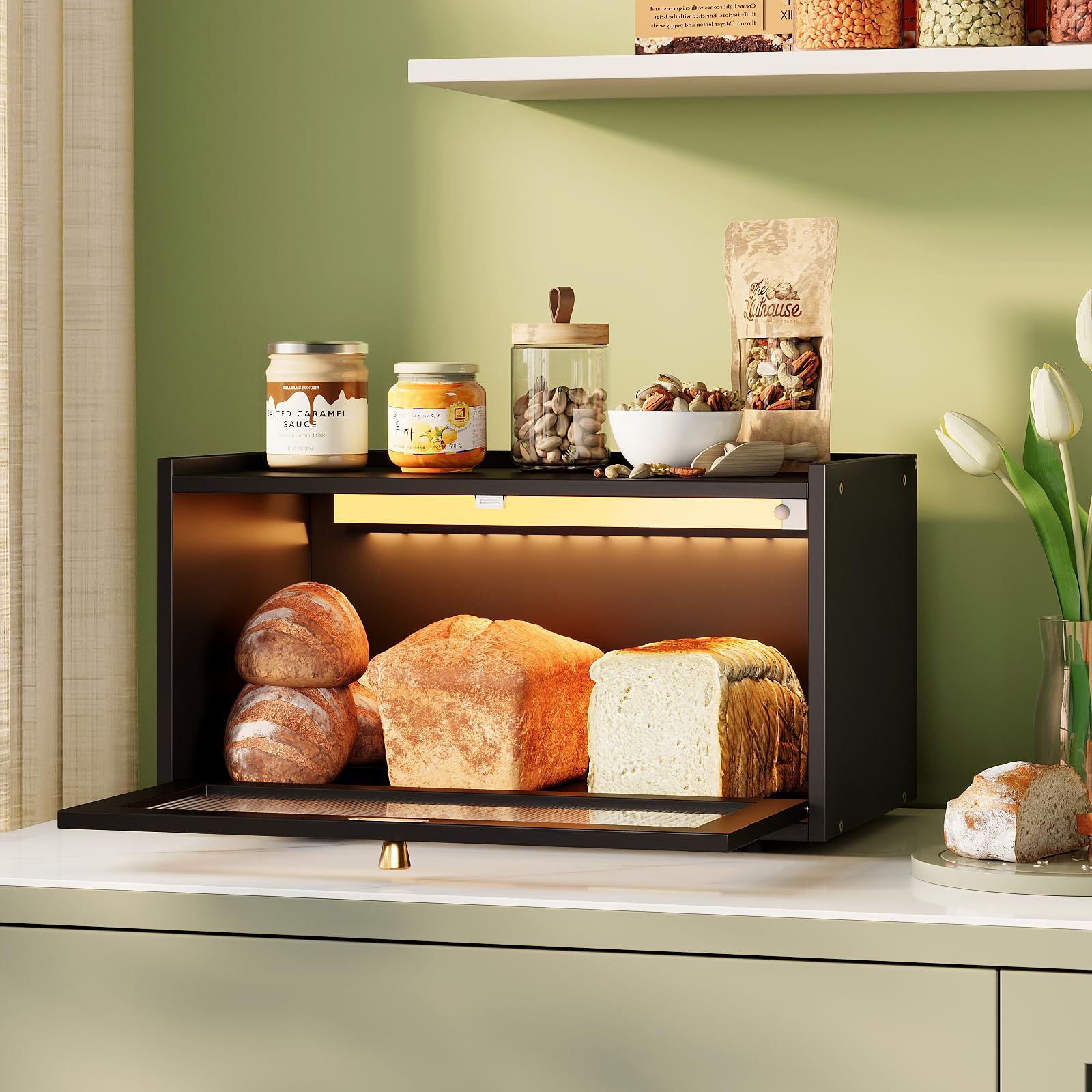 Trironsun Bamboo Bread Box with Led Light for Kitchen Counter Large Capacity Bread Storage Container Kitchen Countertop Organize