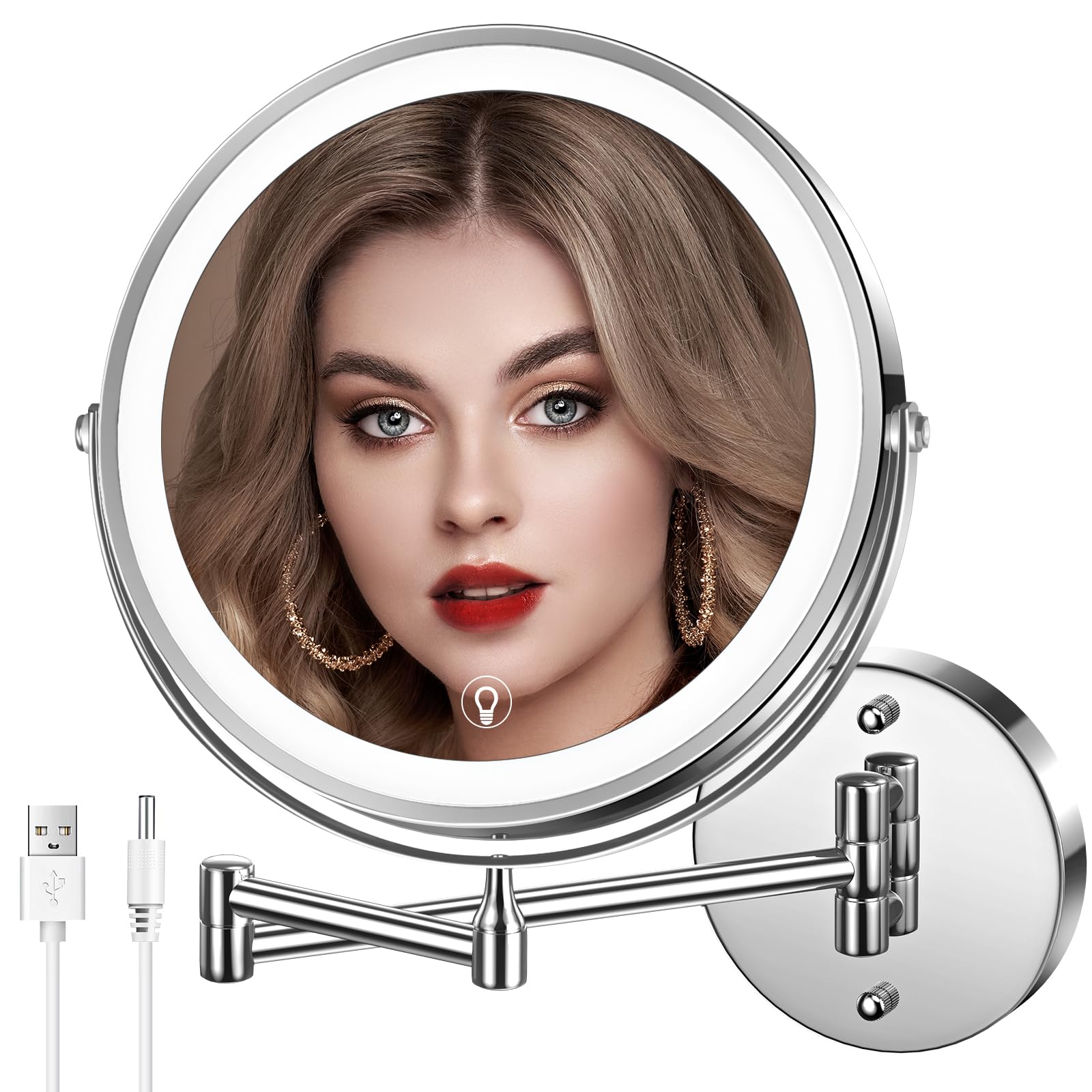 Mnient Wall Mounted Lighted Makeup Mirror, 8'' Rechargeable Double-Sided Magnifying Mirror 1X/10X, 3 Colors Led Vanity Mirror Wi