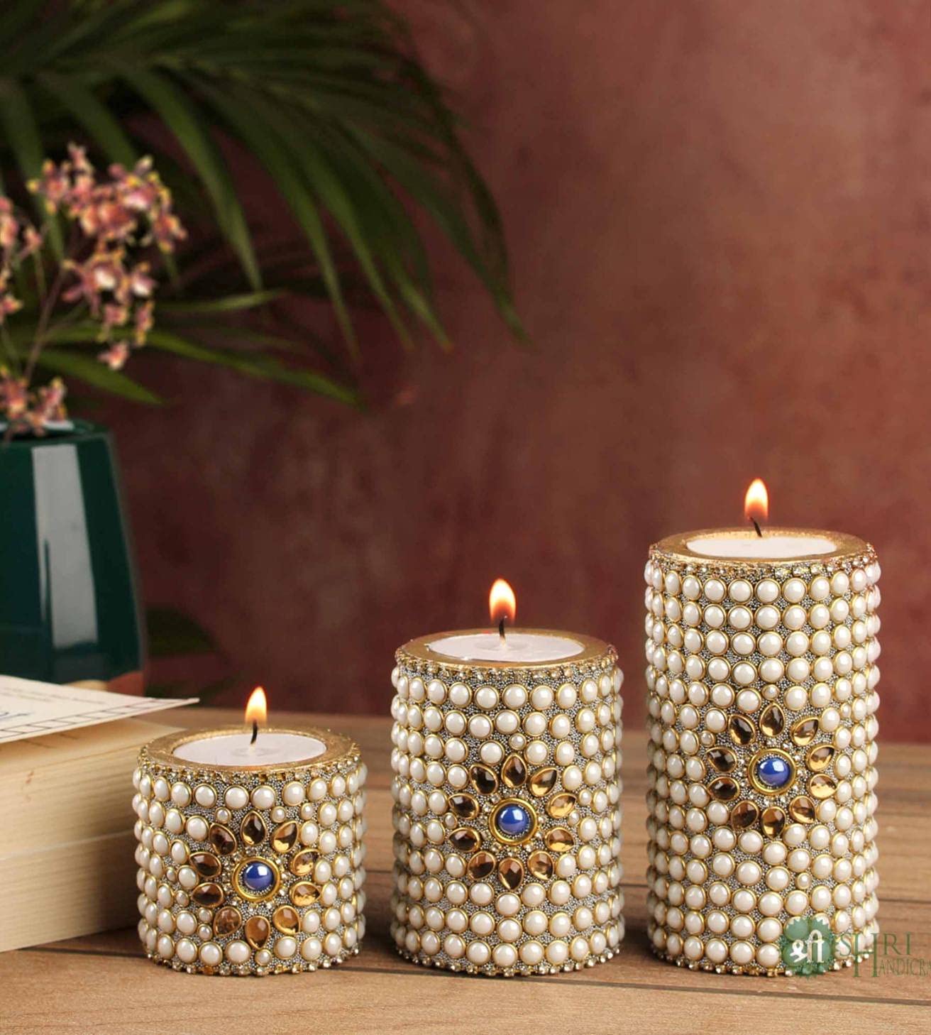 INDICAST Wooden Stone Work Pillar Candle for Home Dcor Set of 3 Handcrafted Diwali Diya Decorative Showpieces Reusable Tealight 