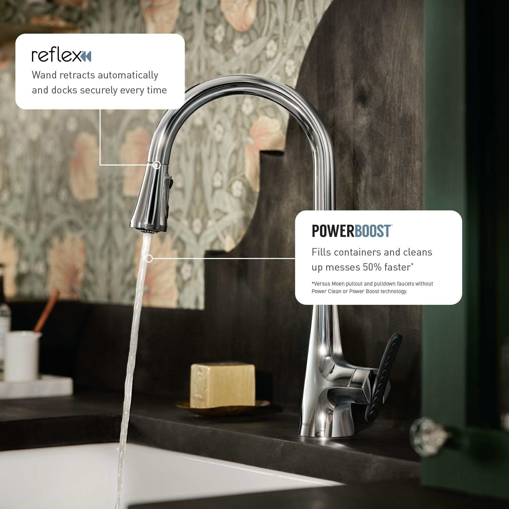 Moen Sleek Chrome One-Handle High Arc Pulldown Kitchen Faucet Featuring Power Boost, Modern Kitchen Sink Faucet With Pull Down S