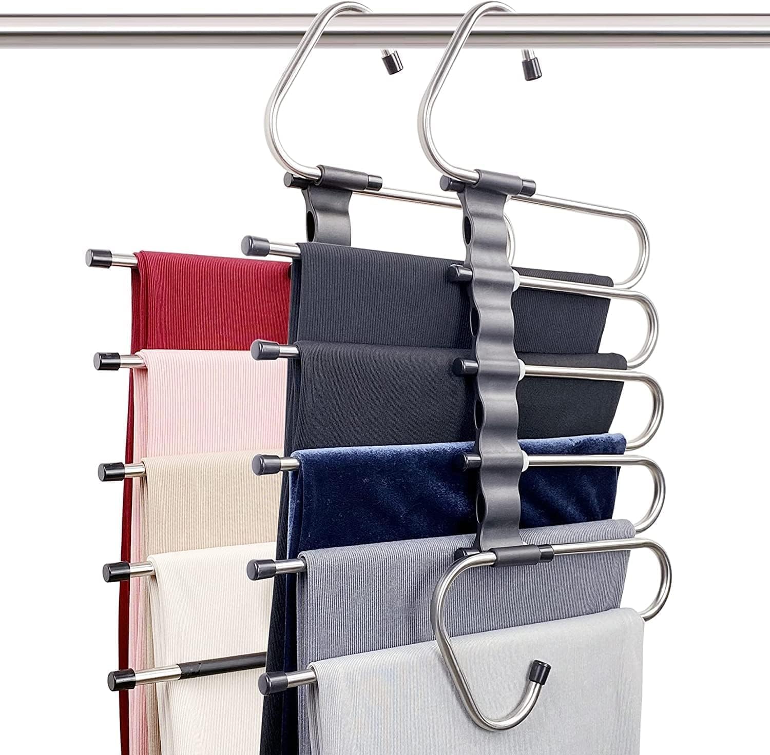 Tekcool (Pack Of 1) 5 In 1 Stainless Steel Foldable Hangers For Clothes Hanging Multi Layer Multi-Purpose Pant Hangers For Wardr