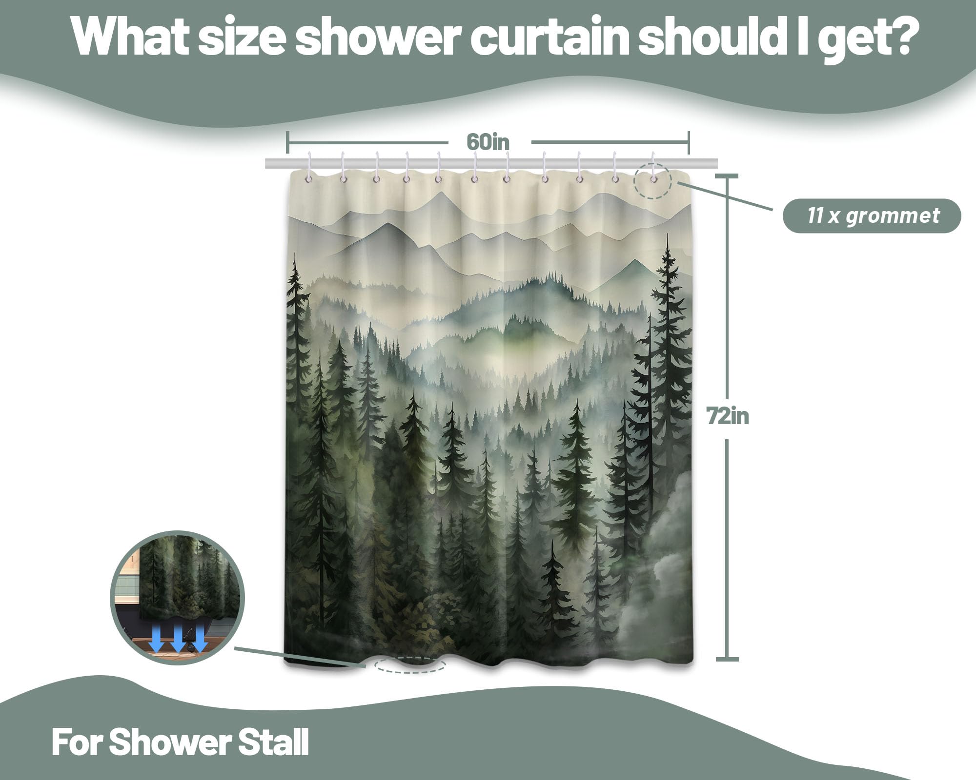 Qghot Foggy Mountain Shower Curtain, Nature Woodland Forest Cabin Shower Curtains For Bathroom Waterproof Pine Tree Bathroom Dec