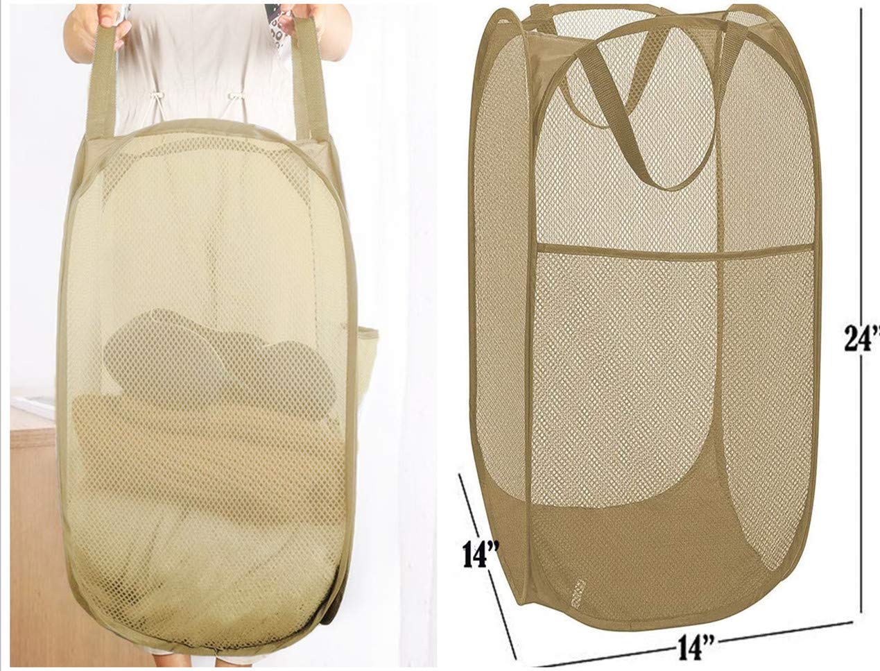 Durreus Sturdy Collapsible Big Mesh Laundry Basket Large Clothes Hamper With Handles Portable Room Closet Storage Organizer Beig
