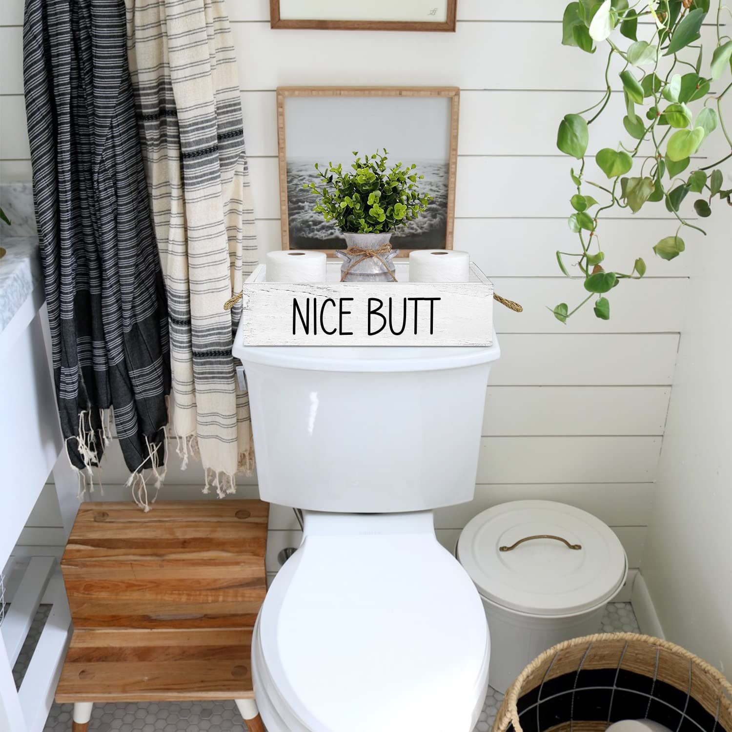 Teouios Hello Sweet Cheeks Funny 2 Sides Wooden Toilet Paper Holder Bathroom Decor Box With Rope Handle, Farmhouse Bathroom Pape