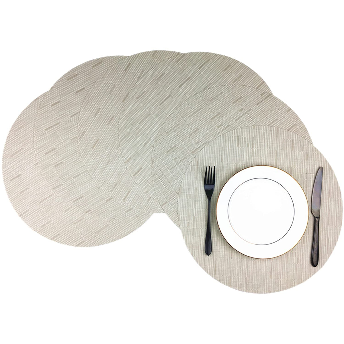Wazaigur Round Placemats Set Of 6 Woven Vinyl Easy To Clean Heat Resistant Kitchen Table Mats 15 Inch(Cream 6)