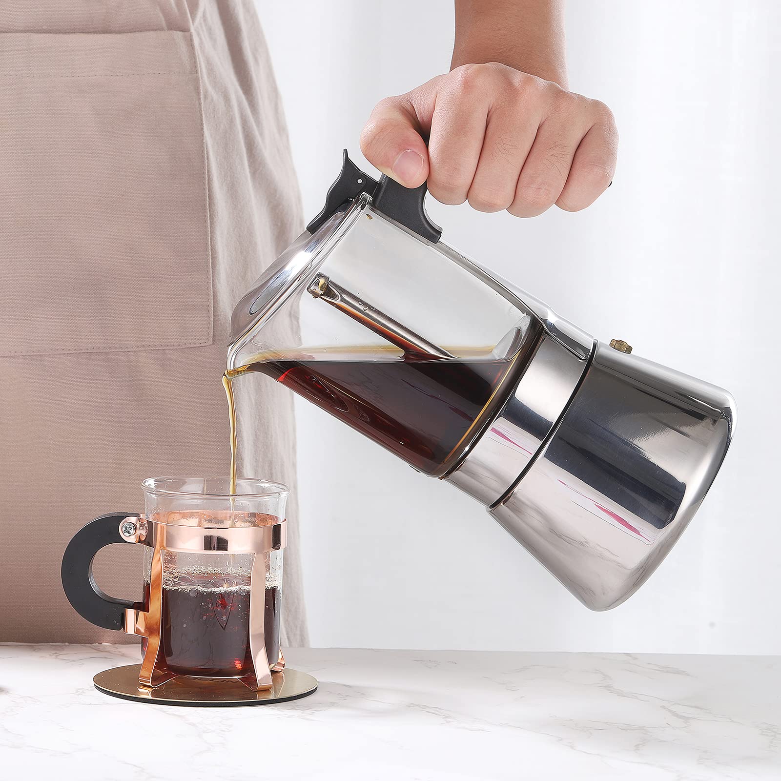 Sixaquae Induction Moka Pot, Crystal Glass-Top & Stainless Steel Stovetop Espresso Maker,Classic Italian Coffee Maker (160Ml)