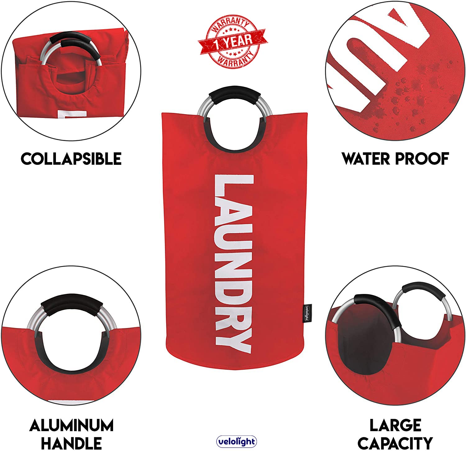 Velolight 115L X-Large Foldable Laundry Basket With Handles, Waterproof Hamper For Dirty Clothes (79Cm X 43Cm) - Red