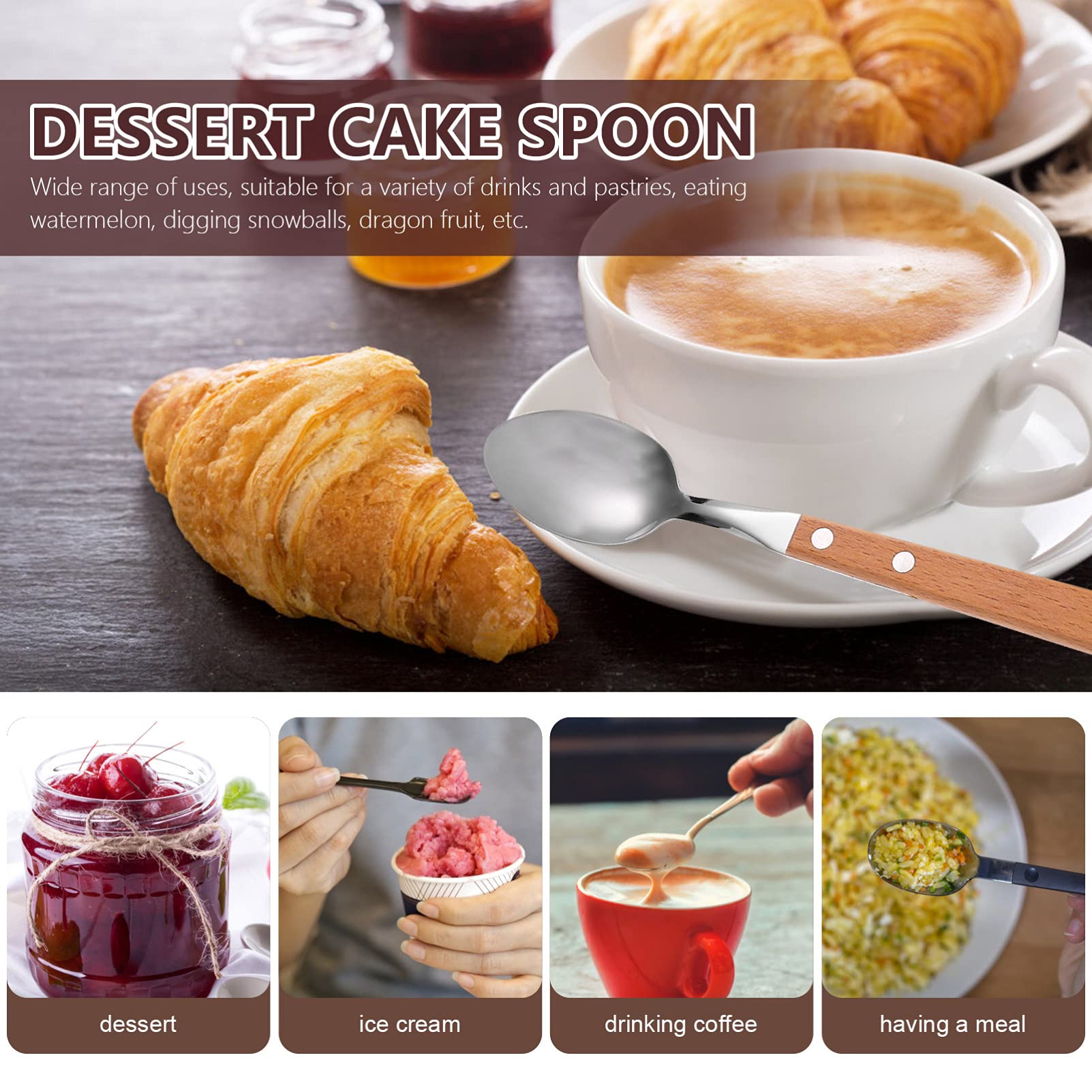 Hemoton 5Pcs Stainless Steel Coffee Spoons Wood Handle Tea Spoons Dessert Ice Cream Cake Tasting Spoon Dinner Spoon For Home Kit
