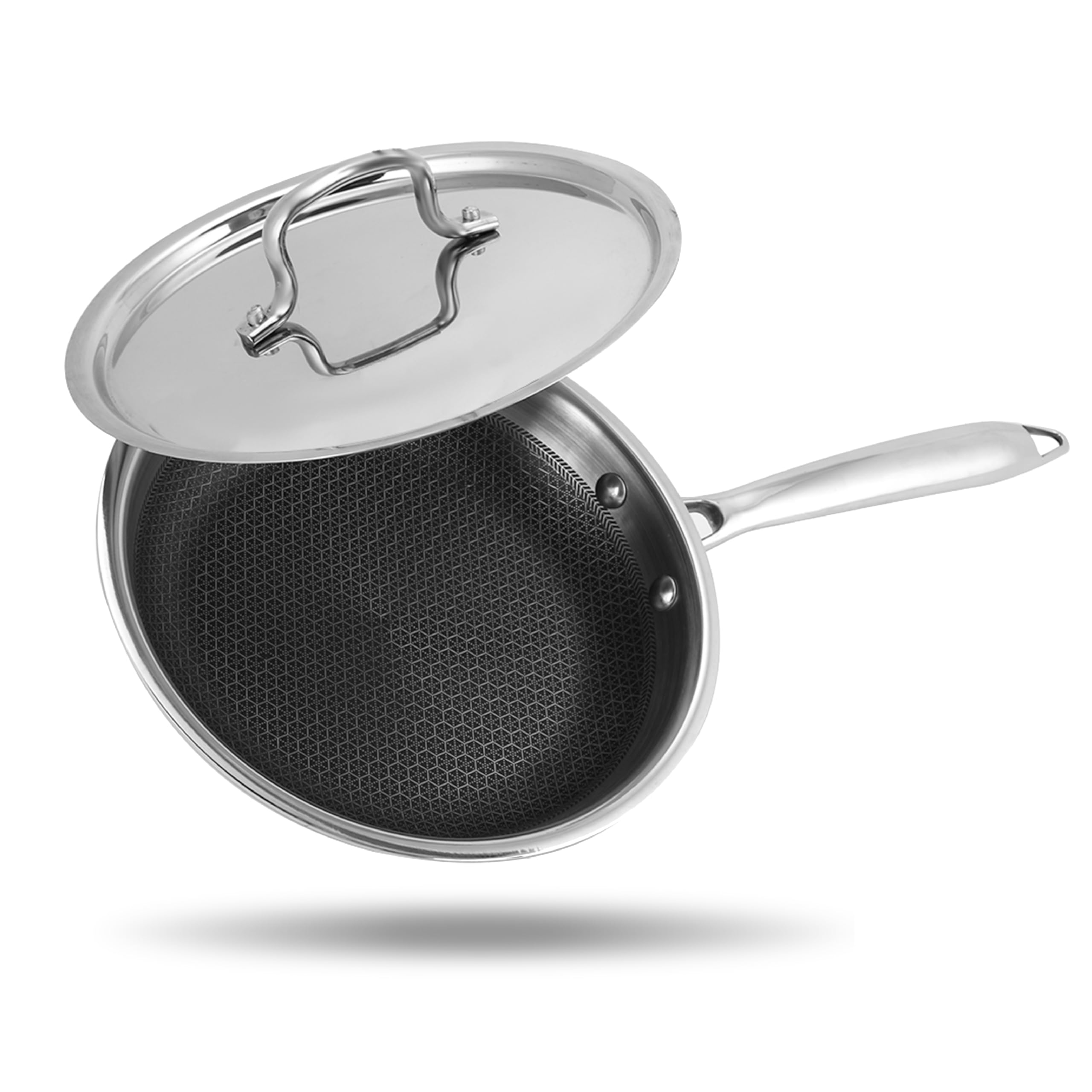 Storehaus Triply Stainless Steel Non Stick Frying Pan 24 Cm Honeycomb Surface & Lid, Broad Hold Handles, Metal Spatula Friendly,