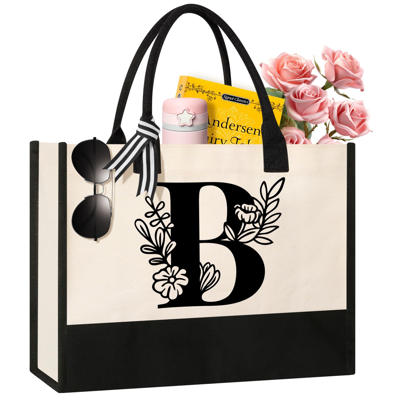Personalized Initial Canvas Tote Bag, Suitable for Birthday, Wedding, Beach, Holiday, Gifts for Women, Mom, Teachers, Nurses, Be