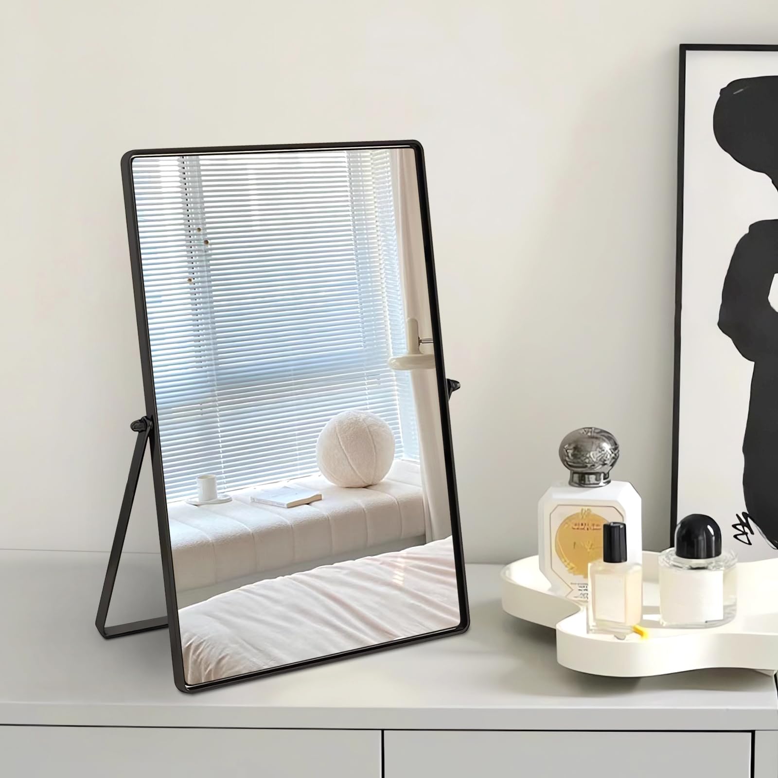 Numjeg Desktop Makeup Mirror With Black Metal Standing 90 Rotation Vanity Table Mirror Portable Cosmetic Mirror For Dressing Roo