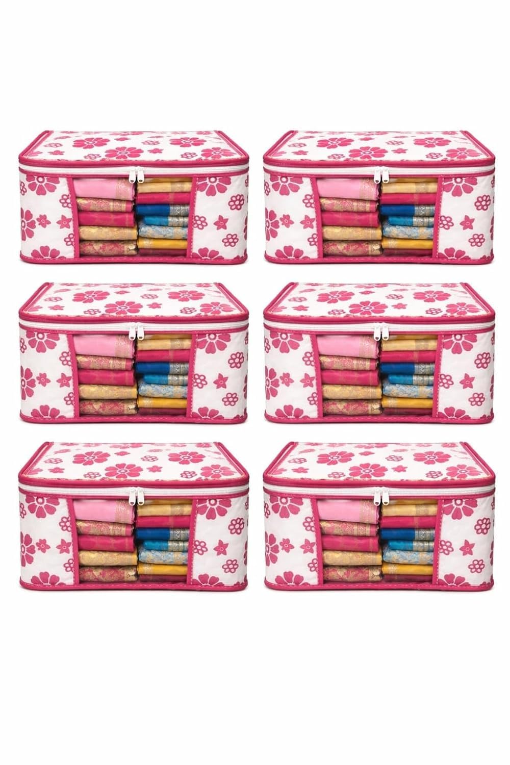 Clothes Storage Organizer Bags With Transparent Front Window And Zip Closure, (Pink & White, Pack Of)
