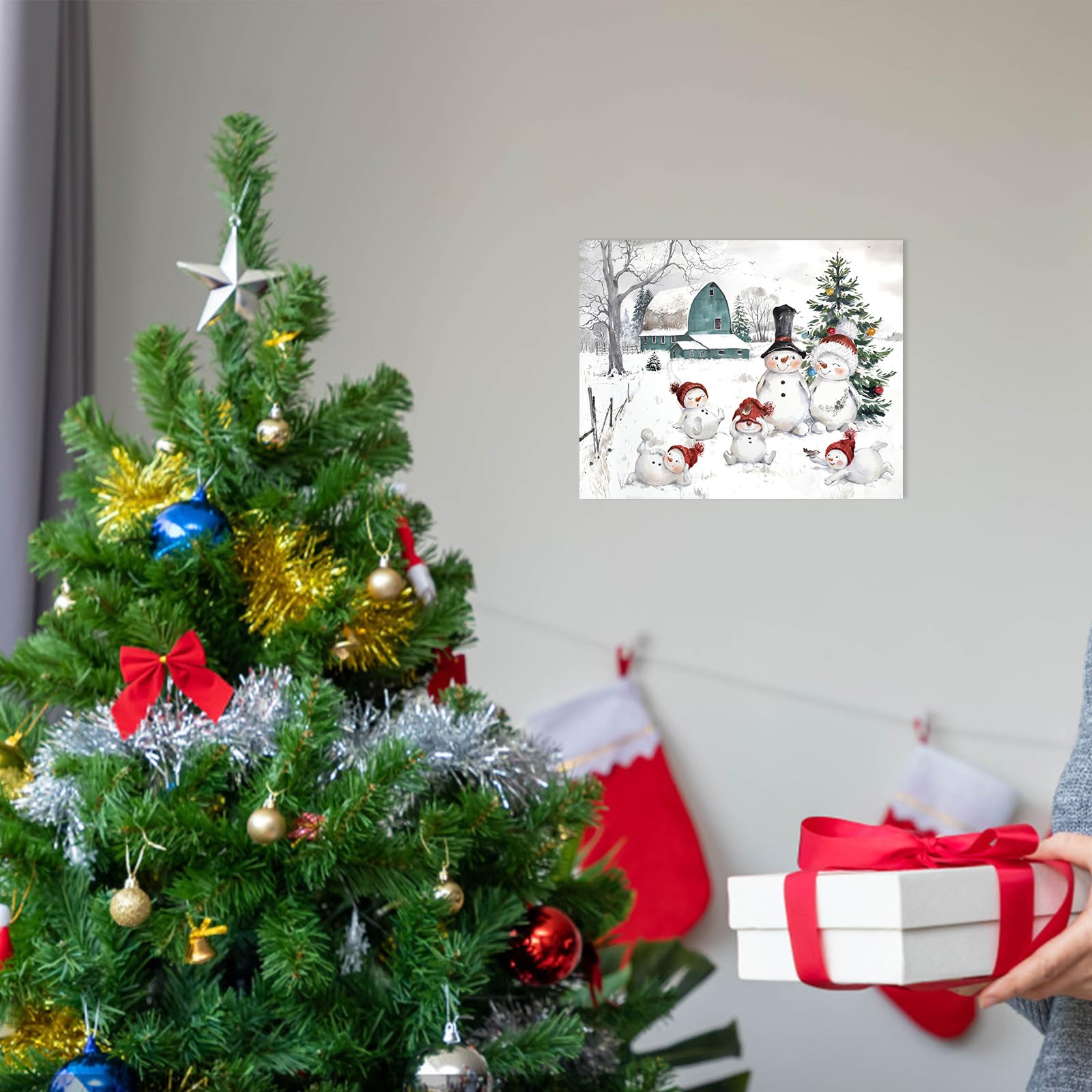 Snowman Christmas Pictures Wall Decor: Christmas Canvas Wall Art Winter Snowman Family Poster Blue Barn Prints Paintings Farmhou