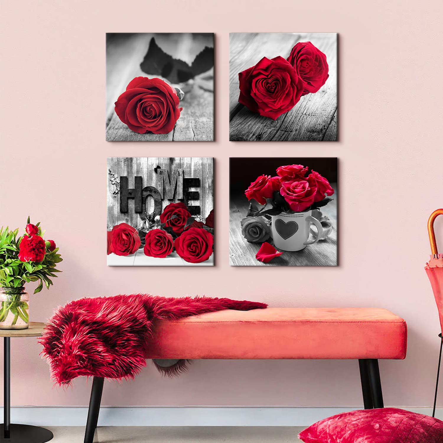 Red Flower Canvas Wall Art For Girls Bedroom Rustic Rose Floral Pictures Bathroom Wall Decor Retro Romantic Blossom Bouquet Pain