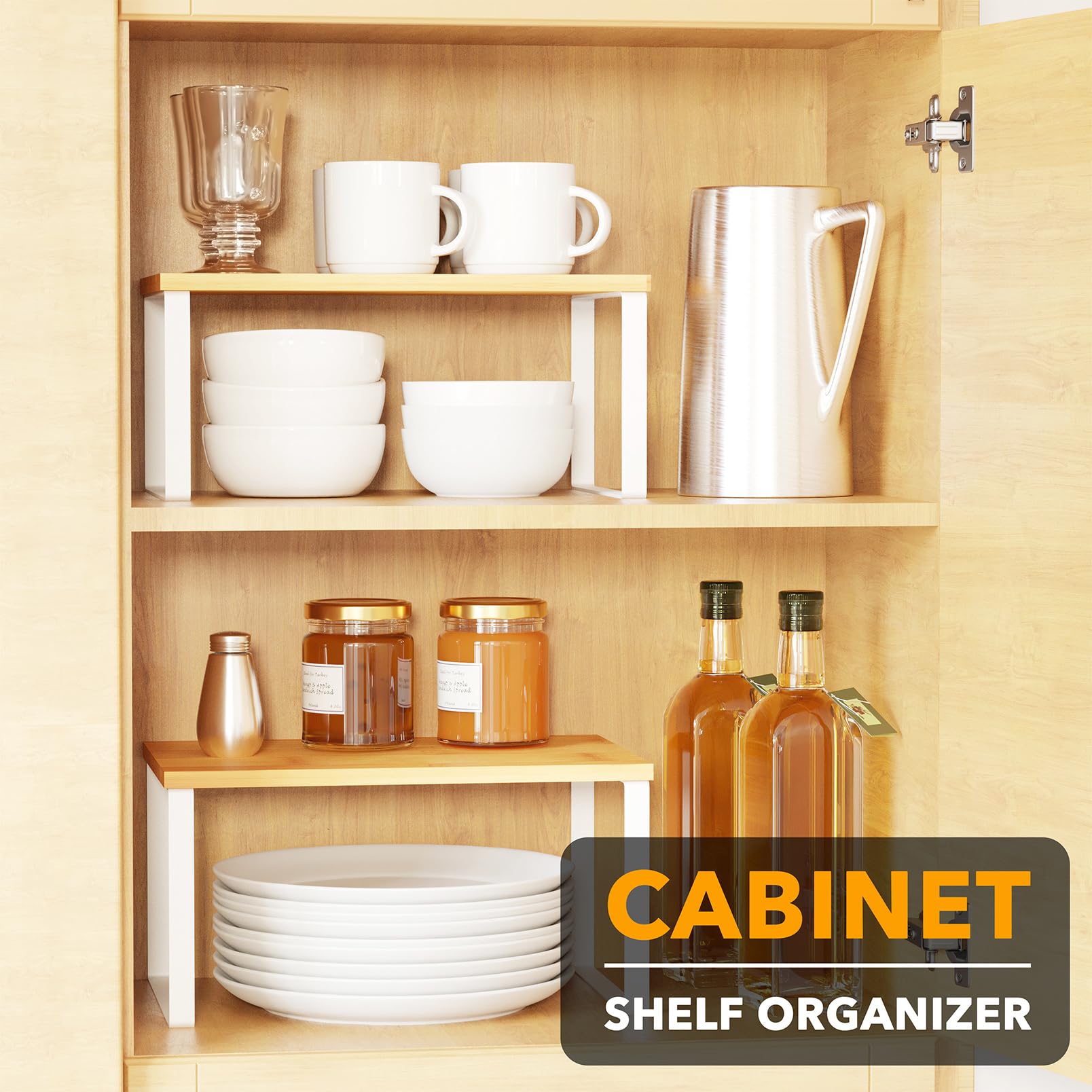 Spaceaid Cabinet Shelf Organizers 2 Pack, Kitchen Counter Rack Shelves Riser, Stackable Expandable Spice Rack, Pantry Cupboard S