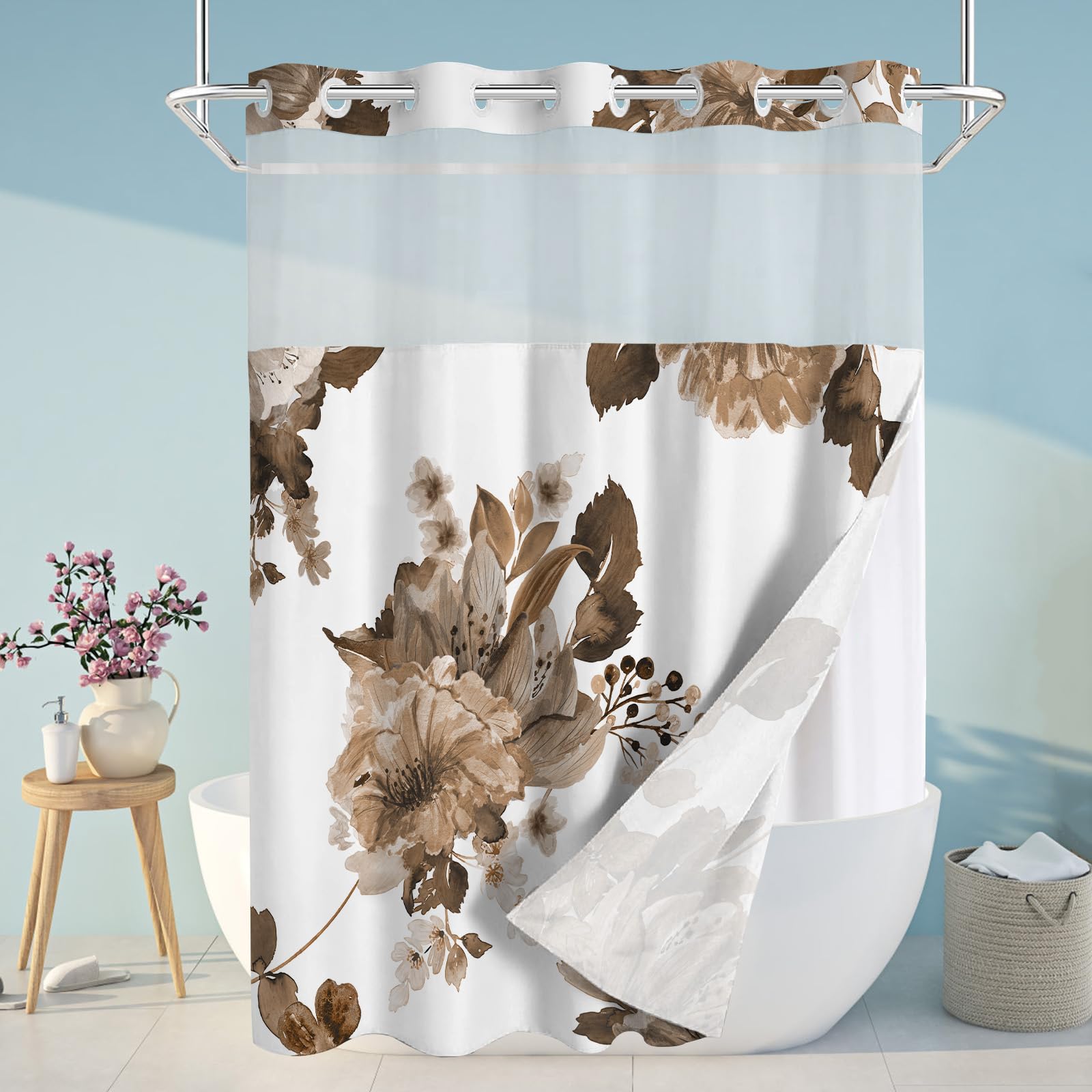 Sscrcusly No Hook Shower Curtain With Snap In Liner Set, Brown Floral And White Modern Hotel Style For Bathroom, 71X74 Inches