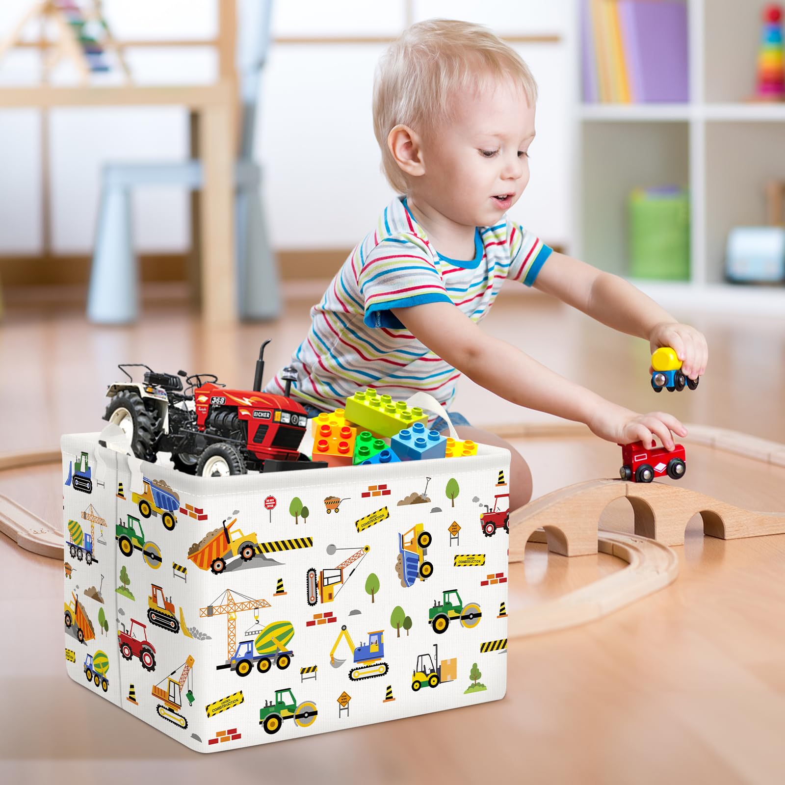 Clastyle Engineering Car Baby Boys Shelf Basket Yellow Bulldozer Excavator Storage Basket Rectangle Clothes Books Toy Storage Cu